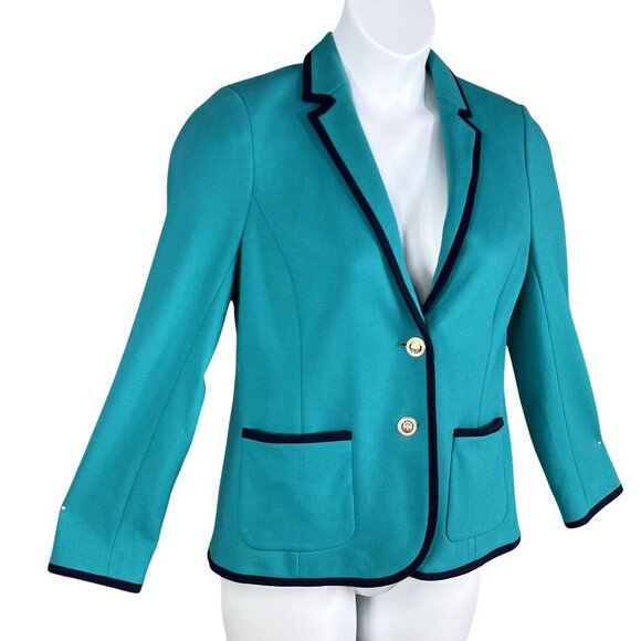 Talbots Aberdeen Womens 10 Teal Blazer Navy Trim Gold Crest Buttons Yacht Jacket - Picture 10 of 16